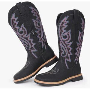 Hawkwell Women's Cowboy Boots Embroidered, Square Toe, Side Zipper, Low Heel
